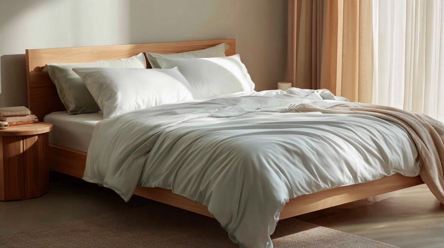 Sunlit modern bedroom with bamboo sheets styled for a cool airy and restful vibe.