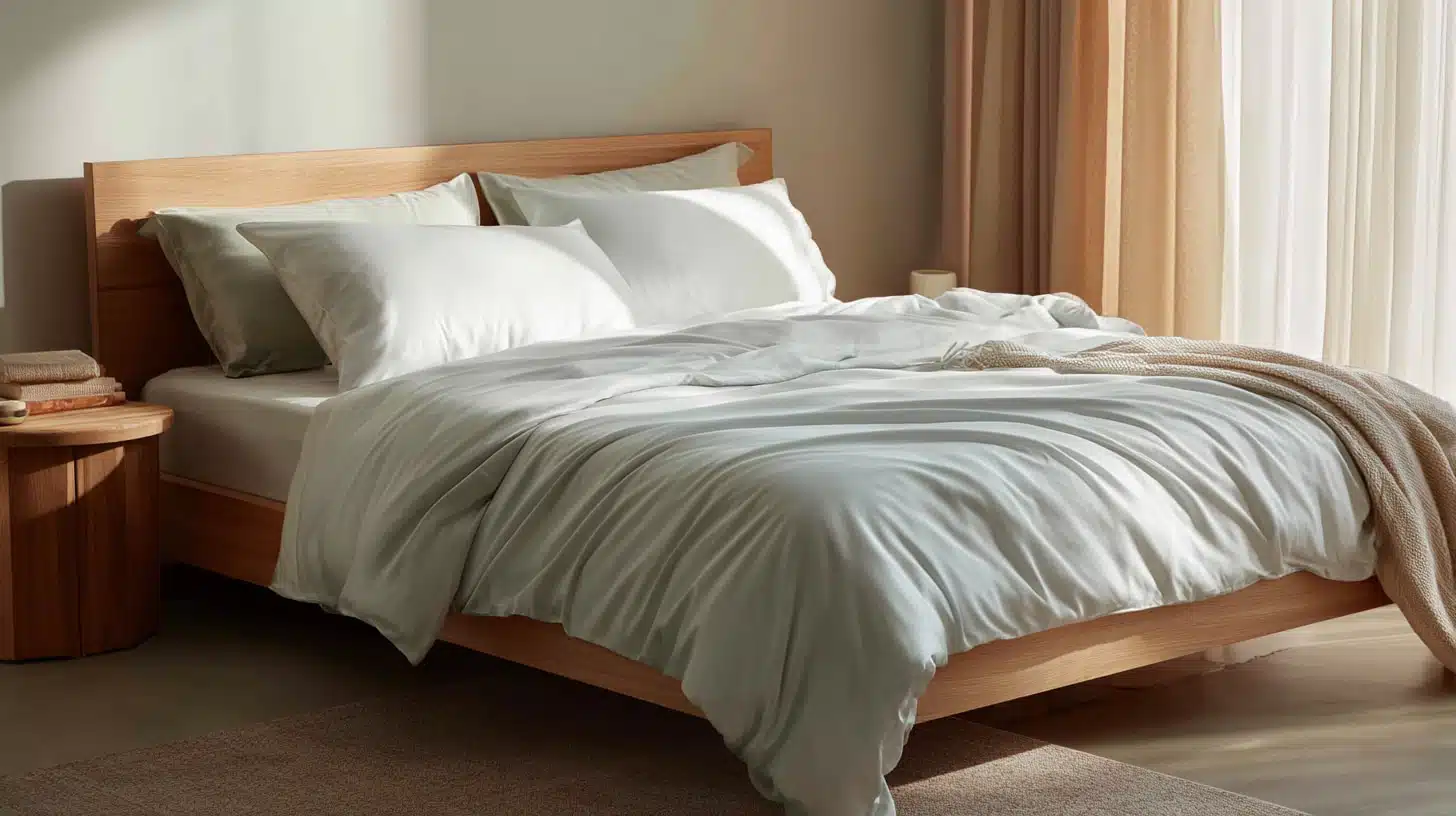 Sunlit modern bedroom with bamboo sheets styled for a cool airy and restful vibe.
