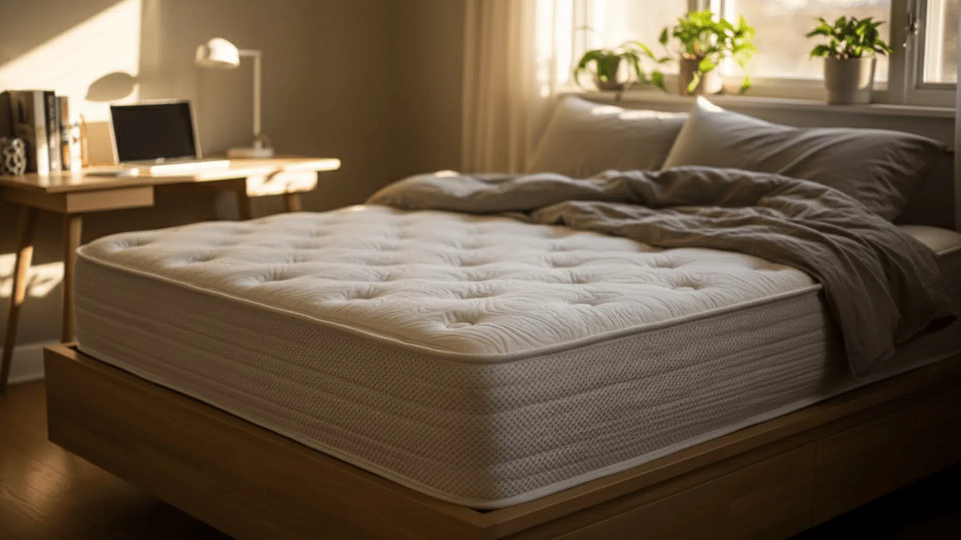 Thick mattress on a modern wooden bed in a cozy bedroom with warm lighting, desk, and indoor plants.