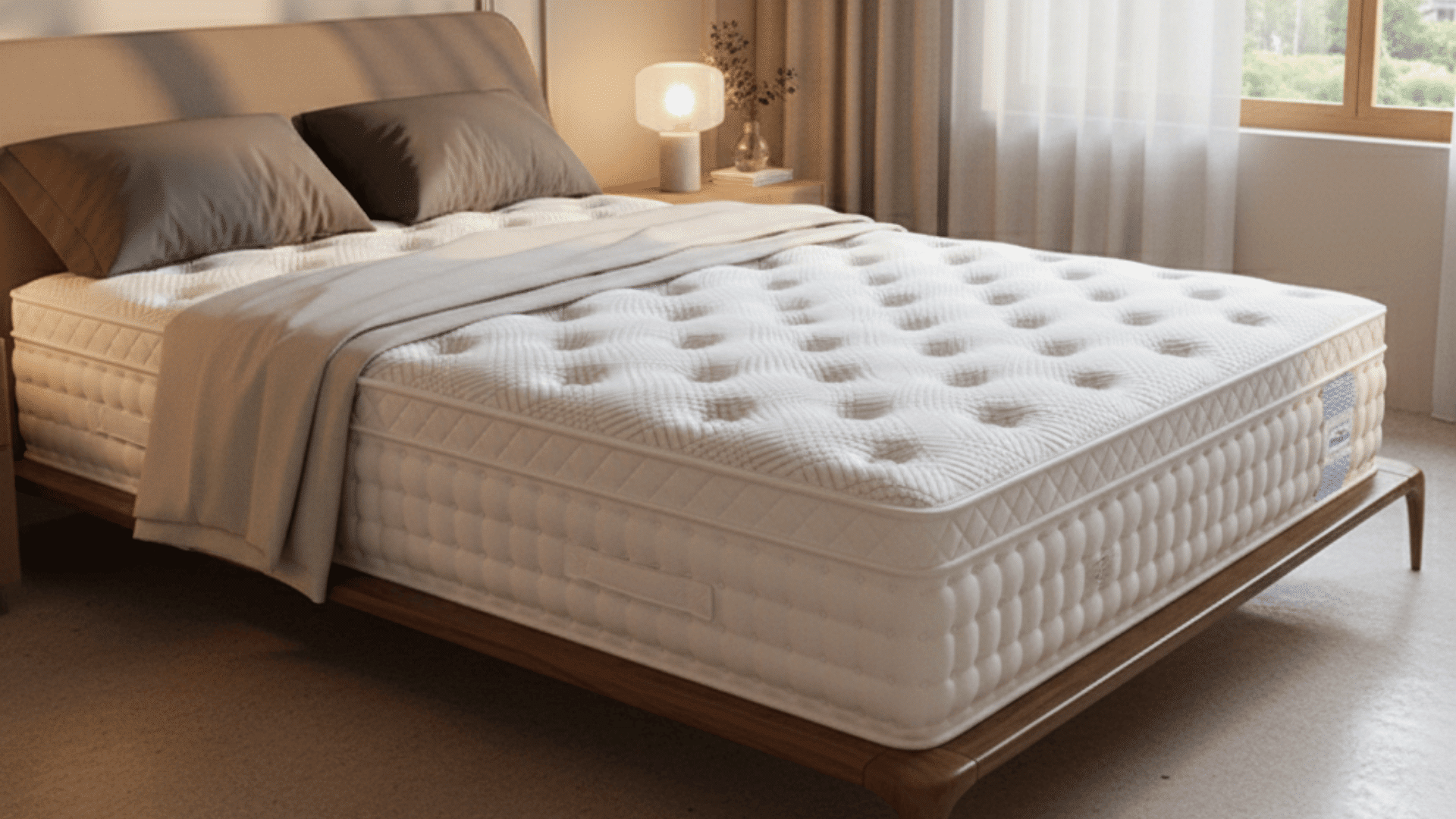 Thick mattress with tufted top on a wooden bed in a softly lit bedroom with neutral decor.