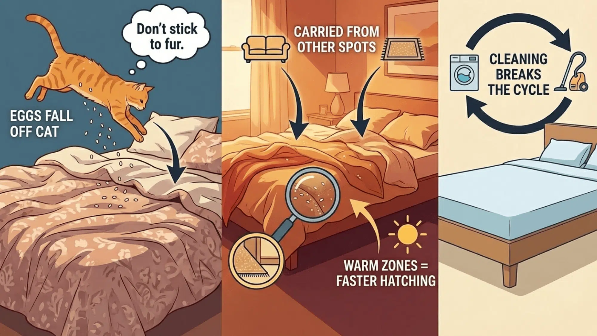 Three-panel infographic showing how flea eggs spread from cats to bedding and how cleaning breaks the cycle.