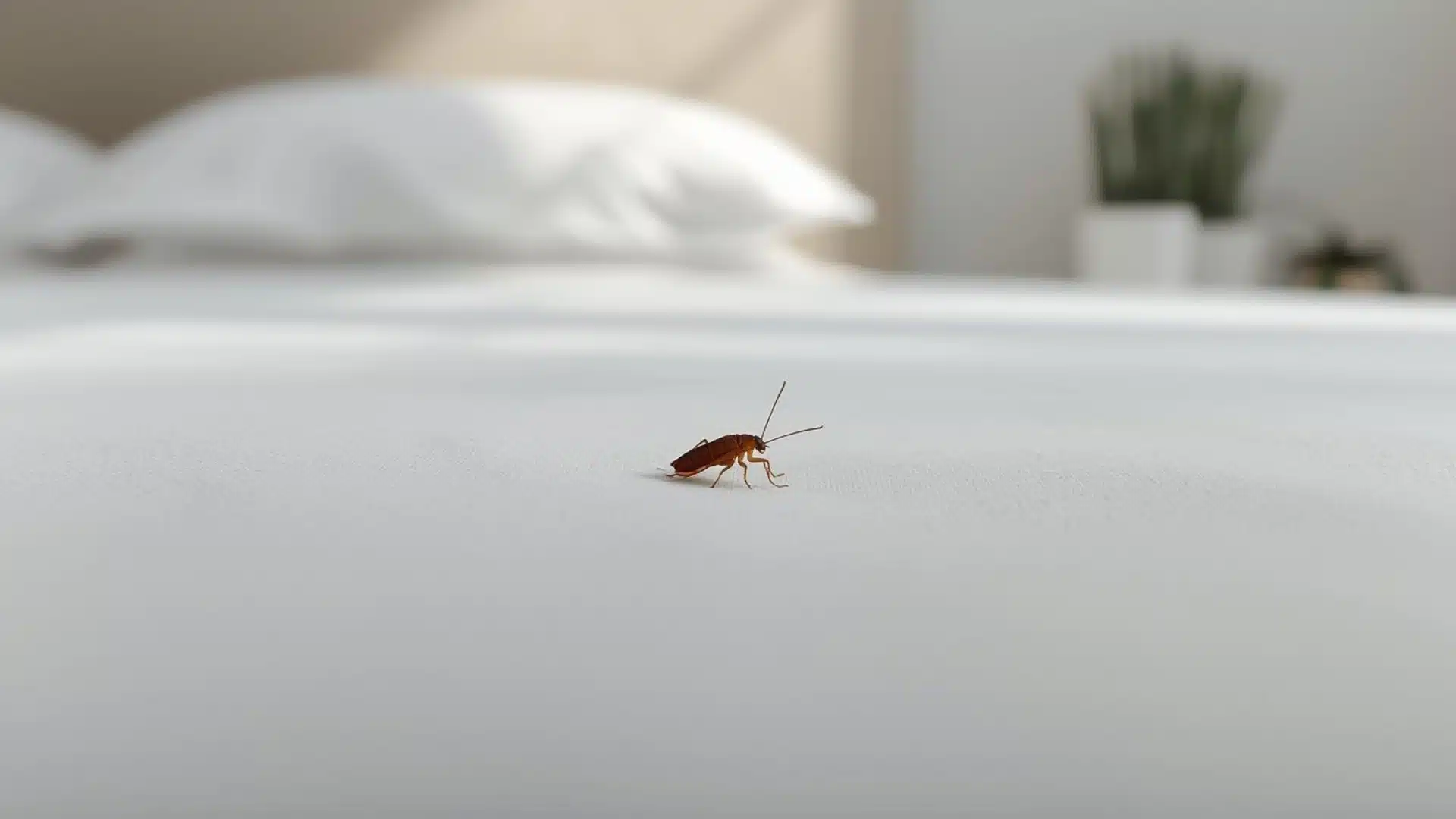 Tiny brown baby cockroach near white bed sheet and mattress seam in a bright modern bedroom close-up scene.