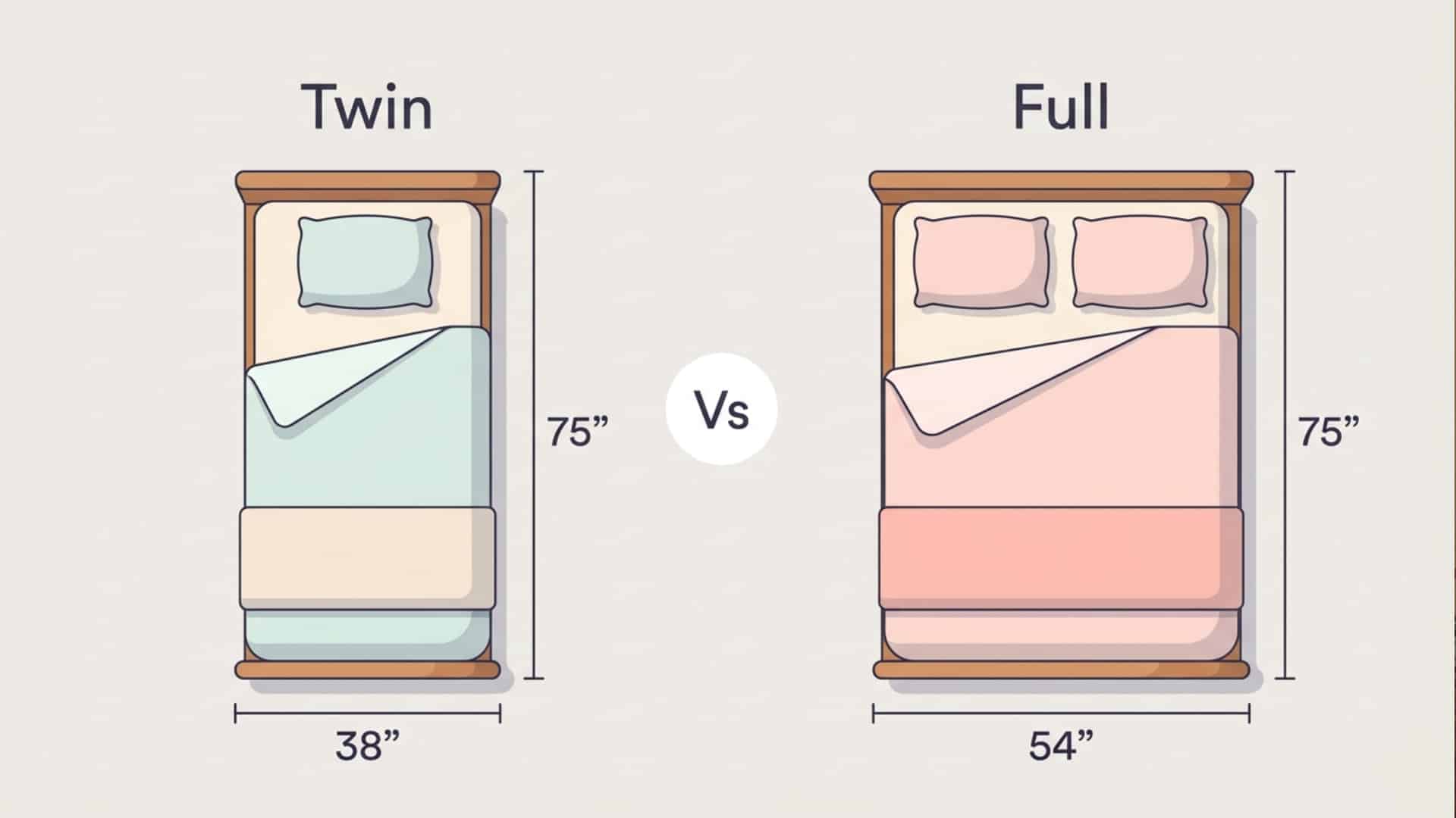 Twin and full bed comparison graphic with side-by-side beds and clear dimensions in a soft pastel top-view style.