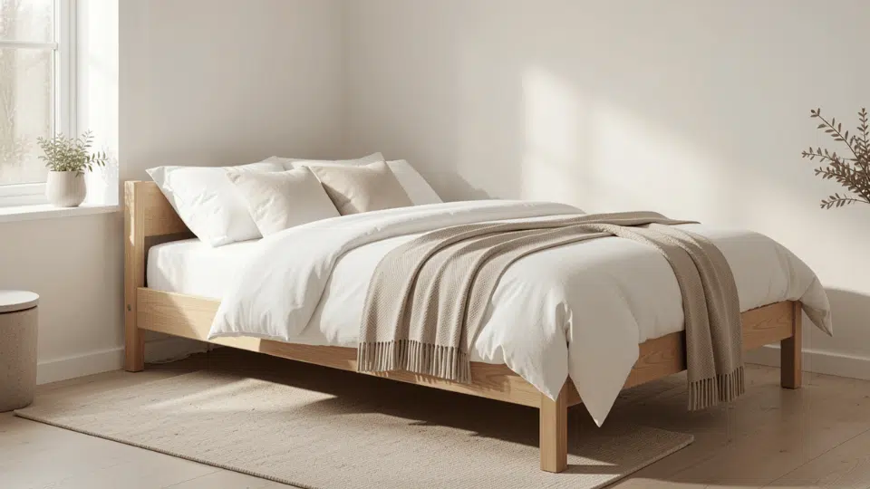 Twin bed in a modern bedroom with minimalist decor and natural light