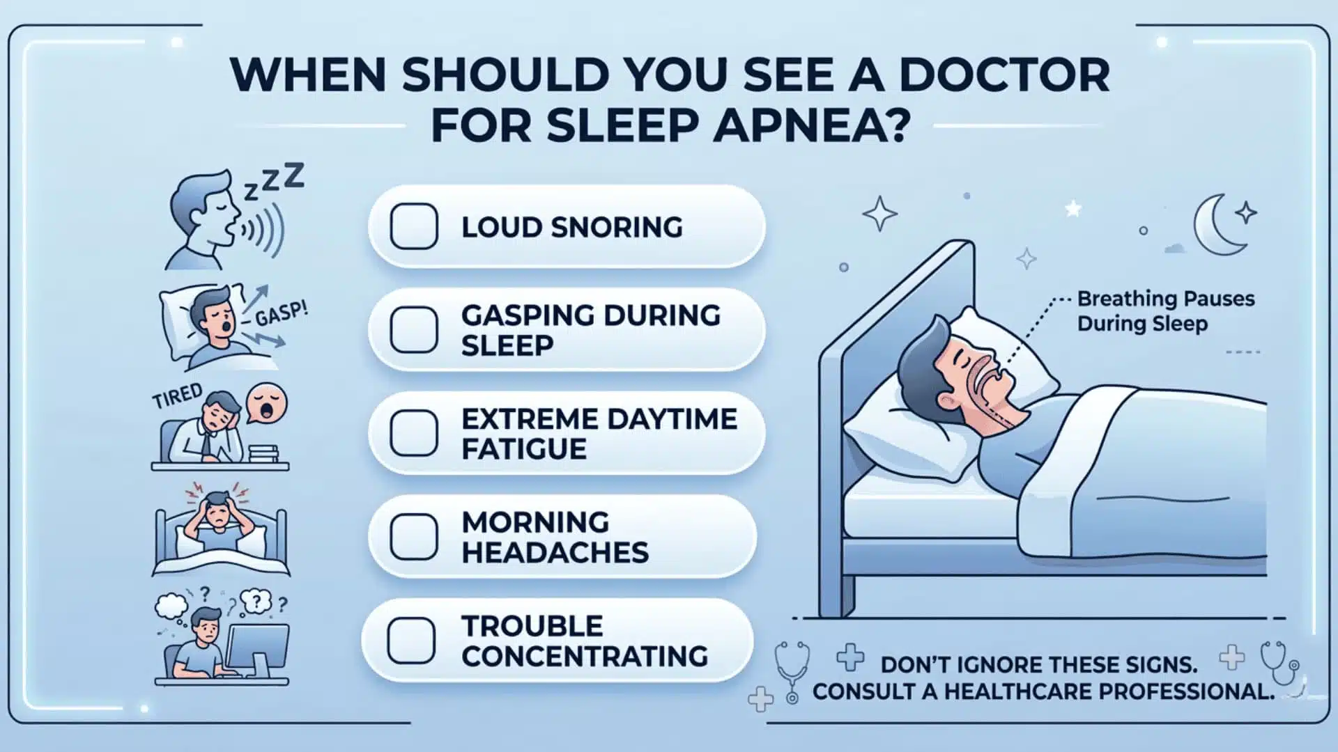 Medical infographic on sleep apnea warning signs with icons, a checklist, and a person sleeping in blue and white