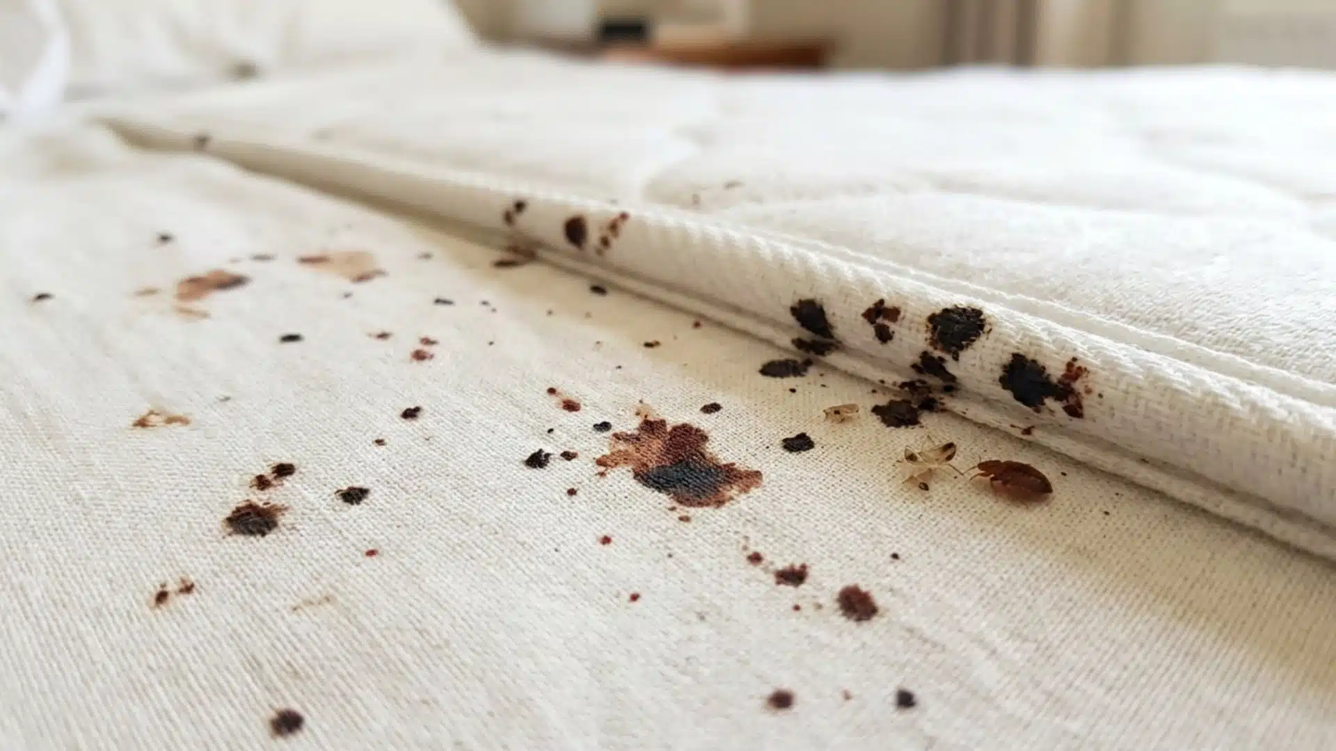 White bed sheets with tiny black specks and faint rusty smears near pillow edge in a bright modern bedroom setting.