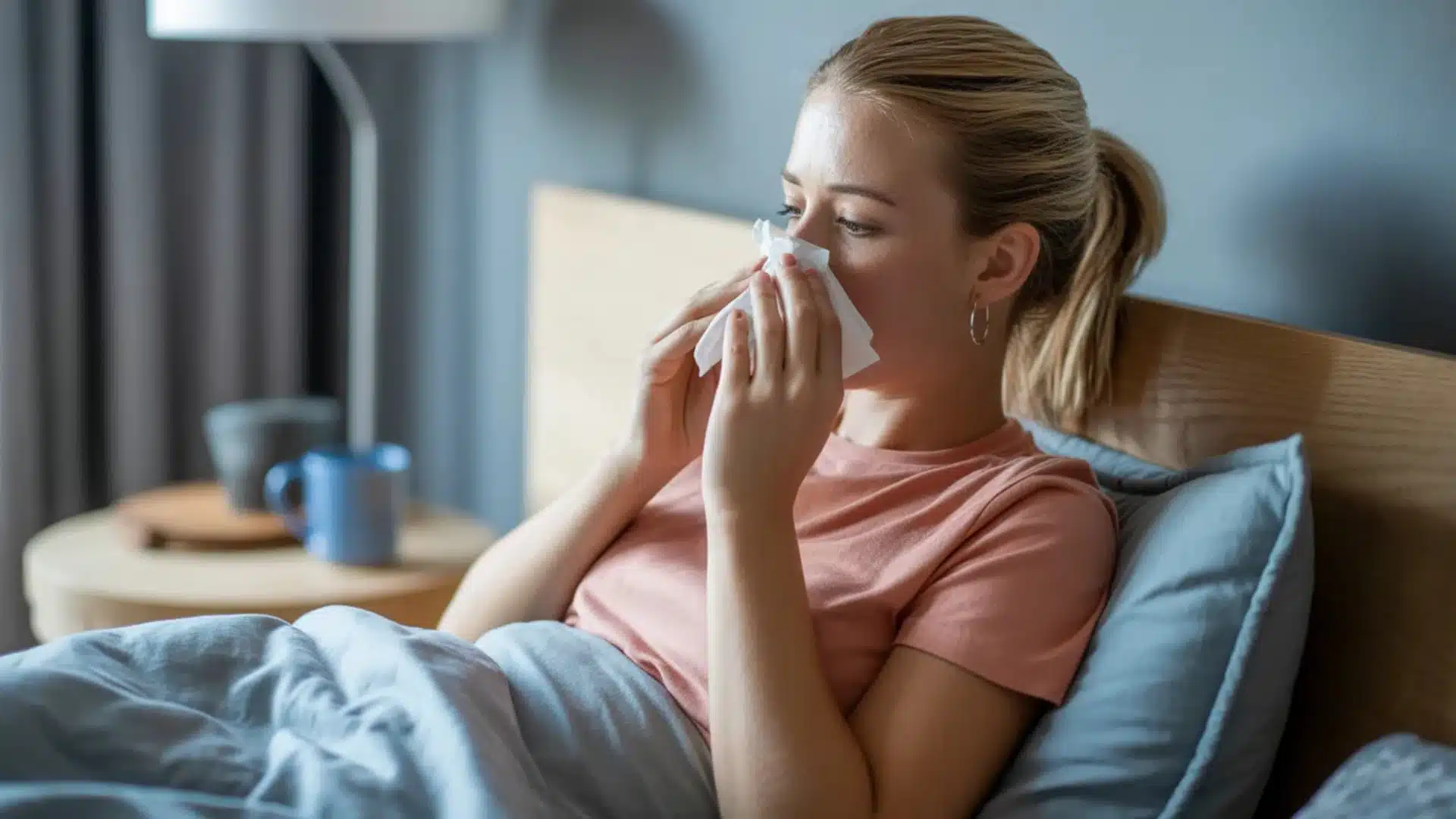 Woman in bed blowing her nose with tissue at night, showing discomfort from congestion in a calm bedroom setting.