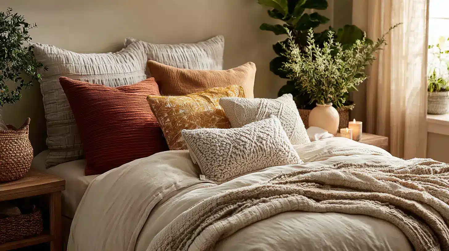 boho cozy queen bed pillow arrangement