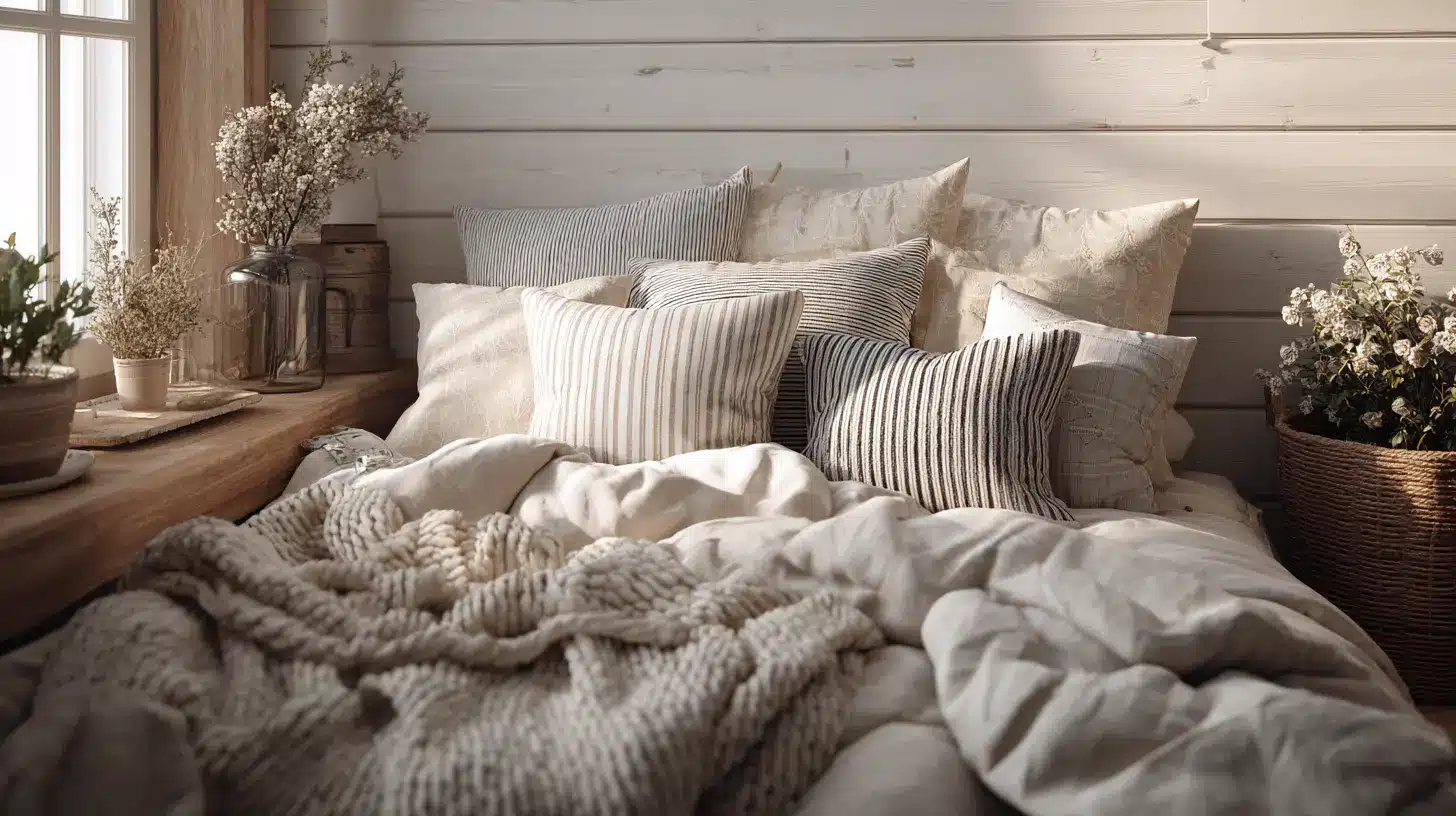 farmhouse cozy queen bed pillow arrangement