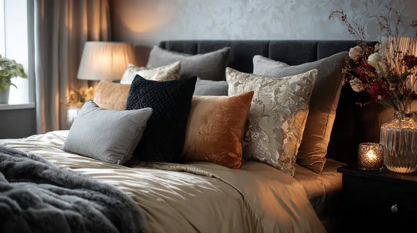 luxury designer queen bed pillow arrangement