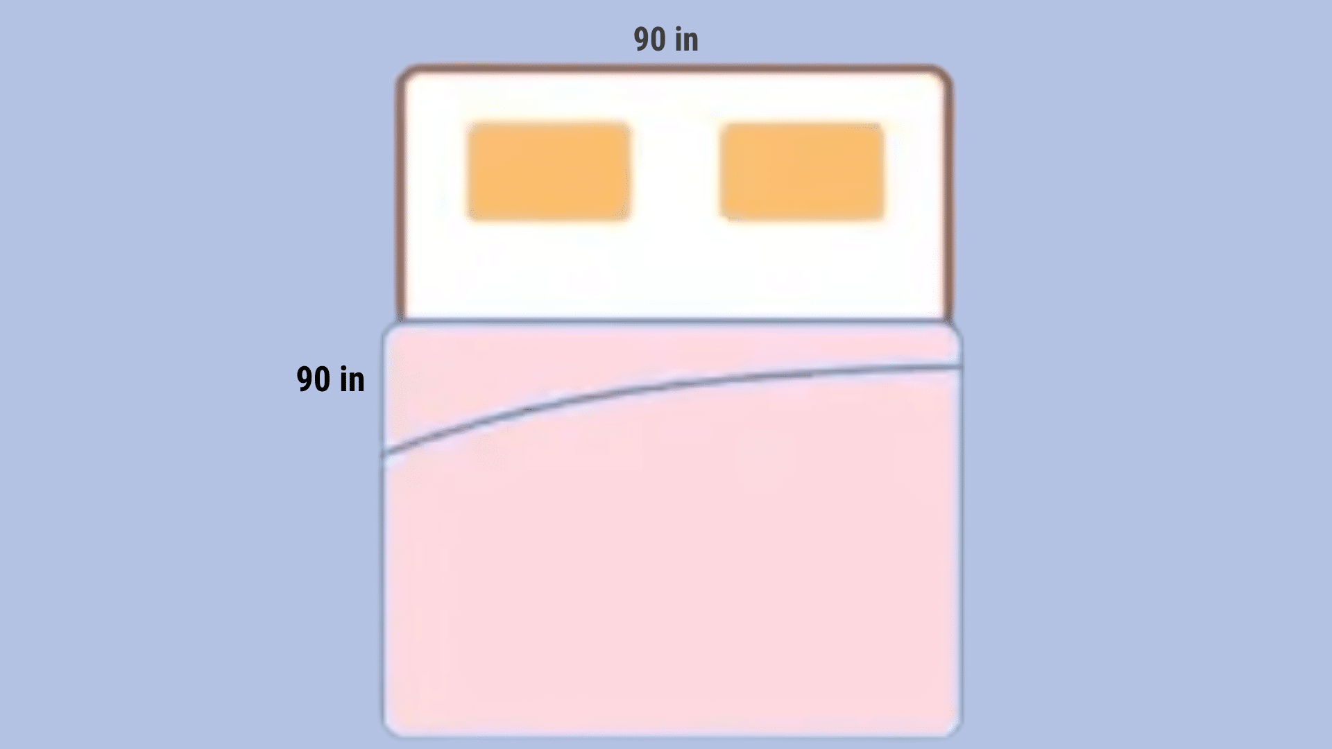 Queen bed for two sleepers with a blanket measuring 90 inches long and 90 inches wide