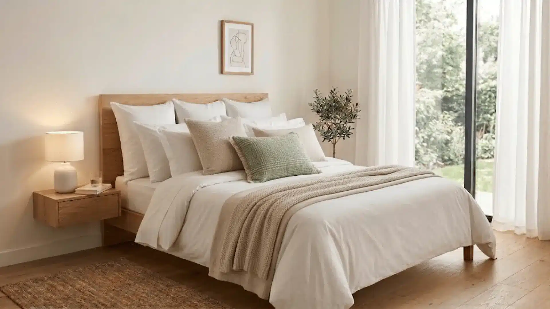 queen bed final pillow arrangement with throw