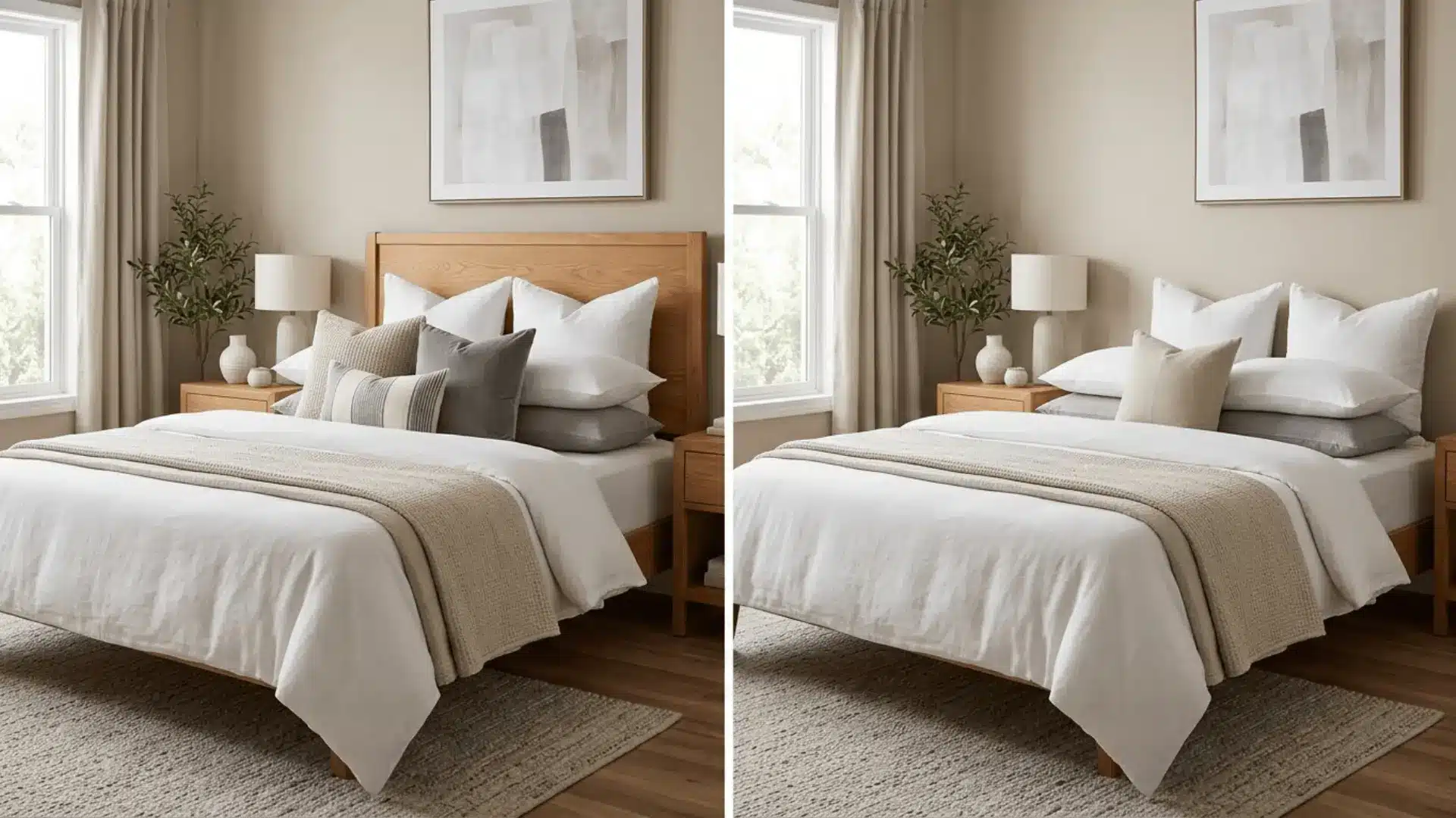 queen bed pillow arrangement with and without headboard