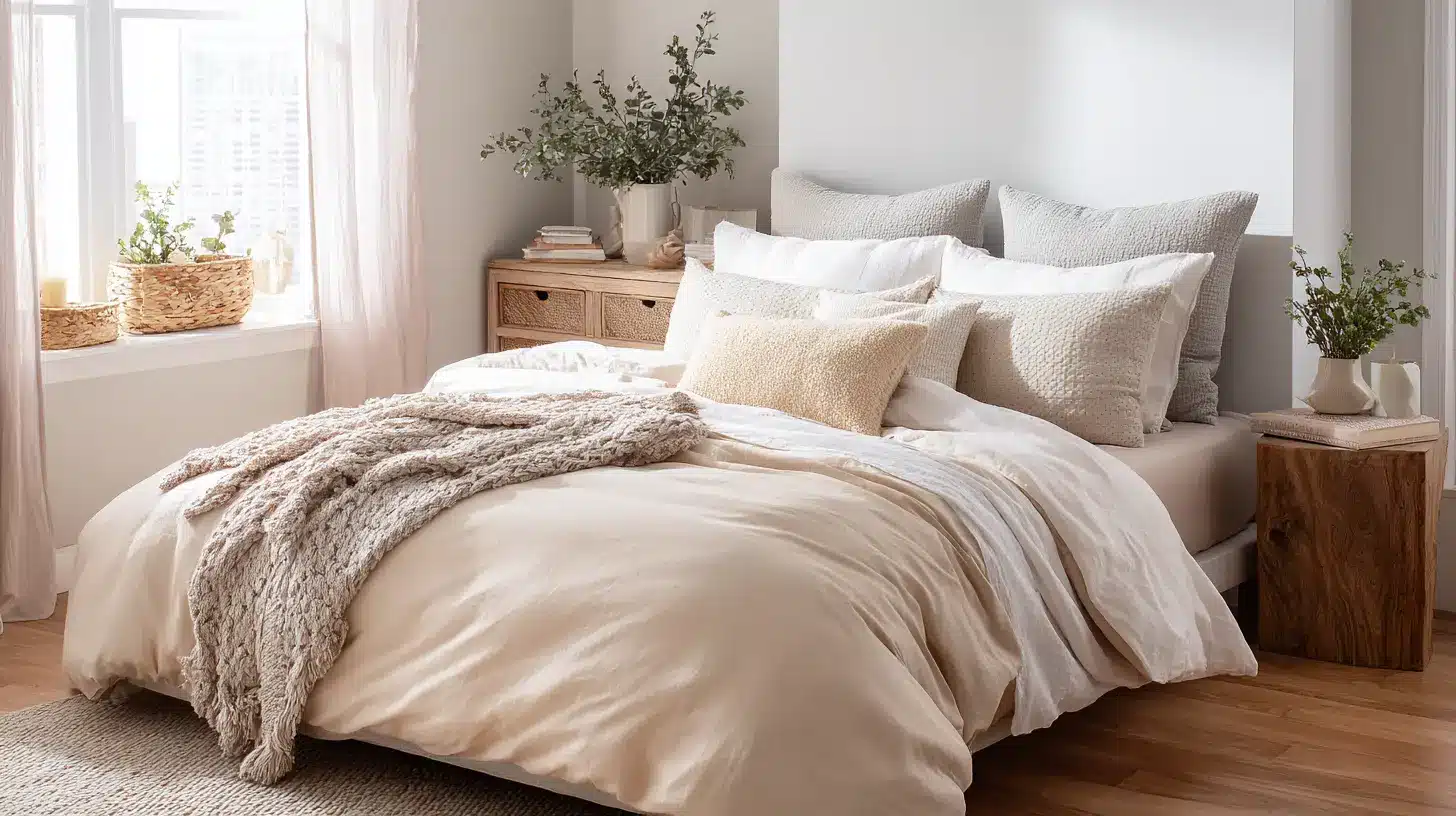 queen bed pillow arrangement