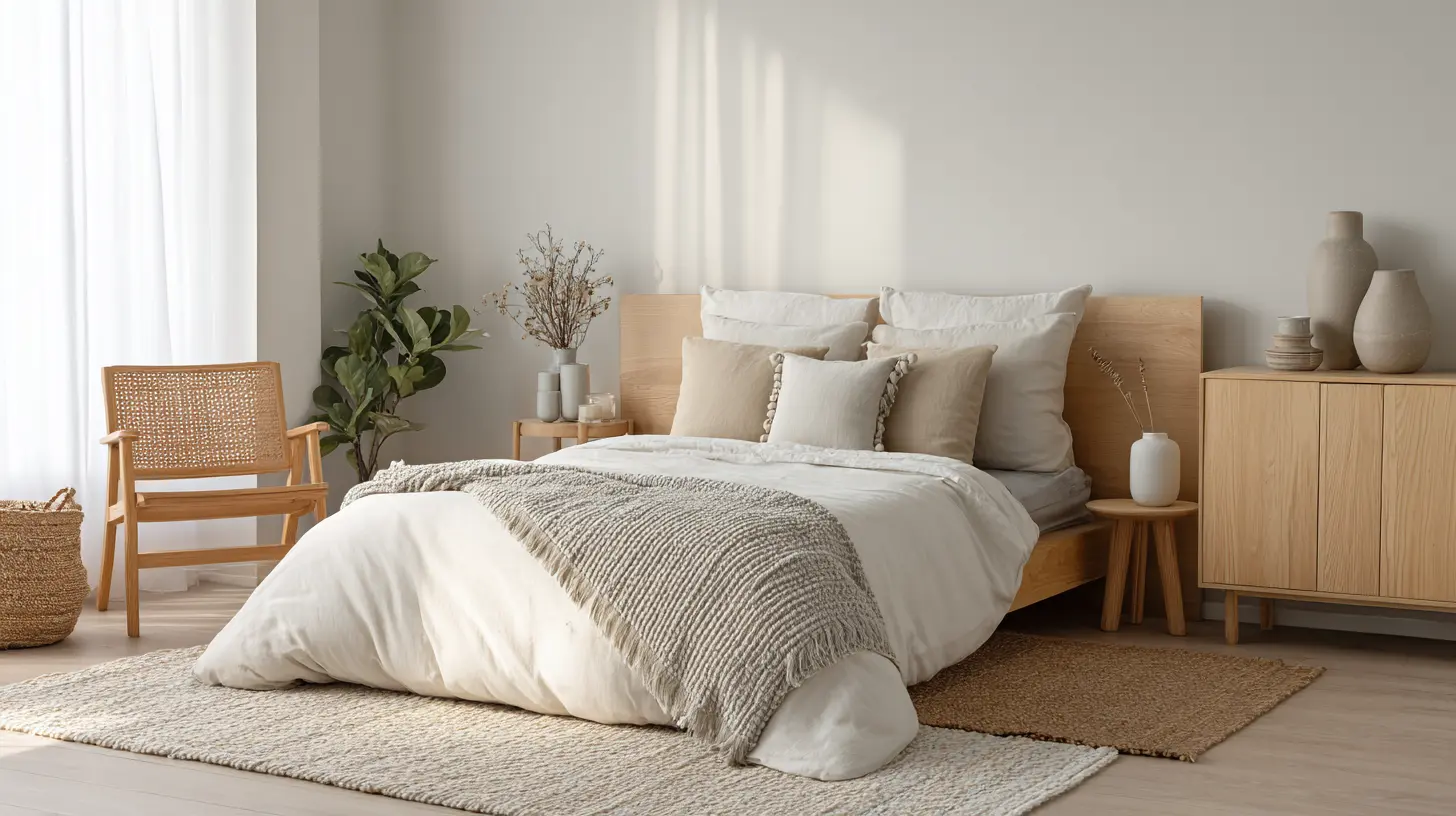 scandinavian minimal queen bed pillow arrangement