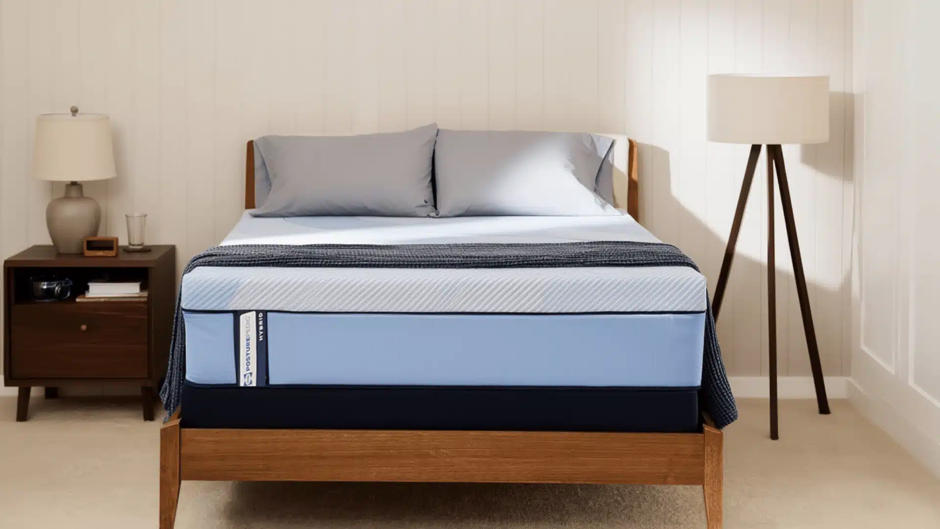 Sealy Posturepedic Plus mattress on a wooden bed frame in a modern minimalist bedroom with a bedside lamp