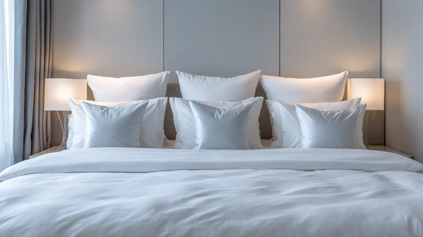 symmetrical grid queen bed pillow arrangement