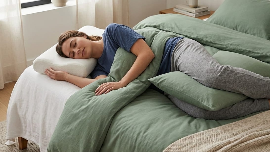 a woman sleeping with a pillow under the head.