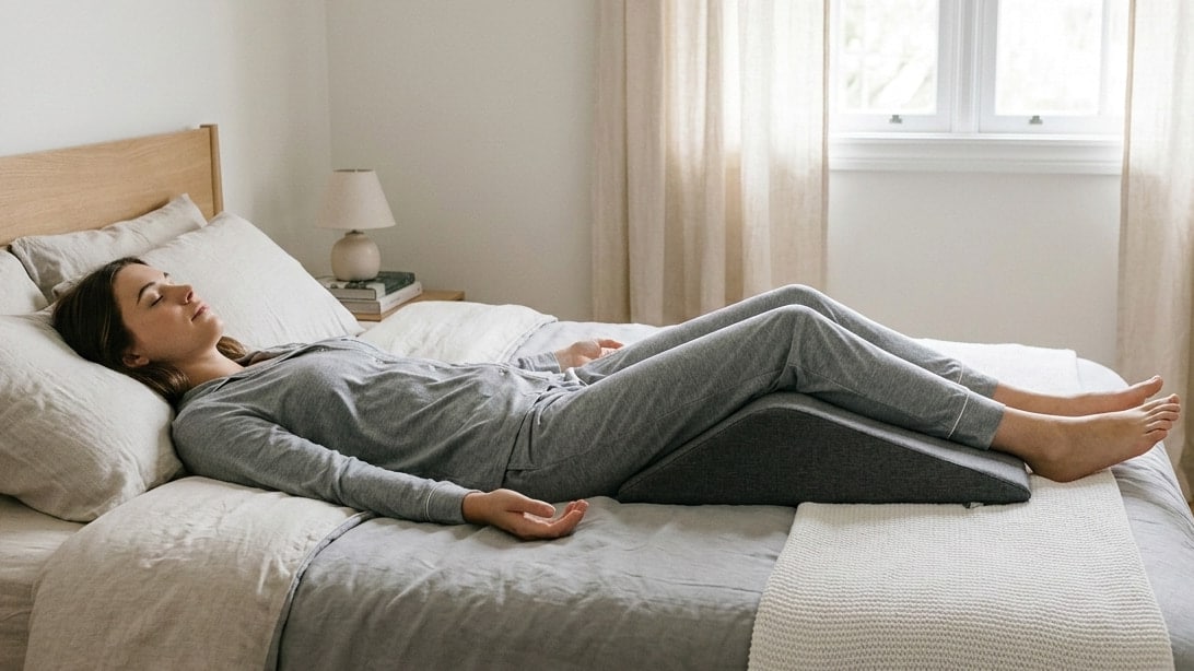a woman sleeping with her knees elevated.