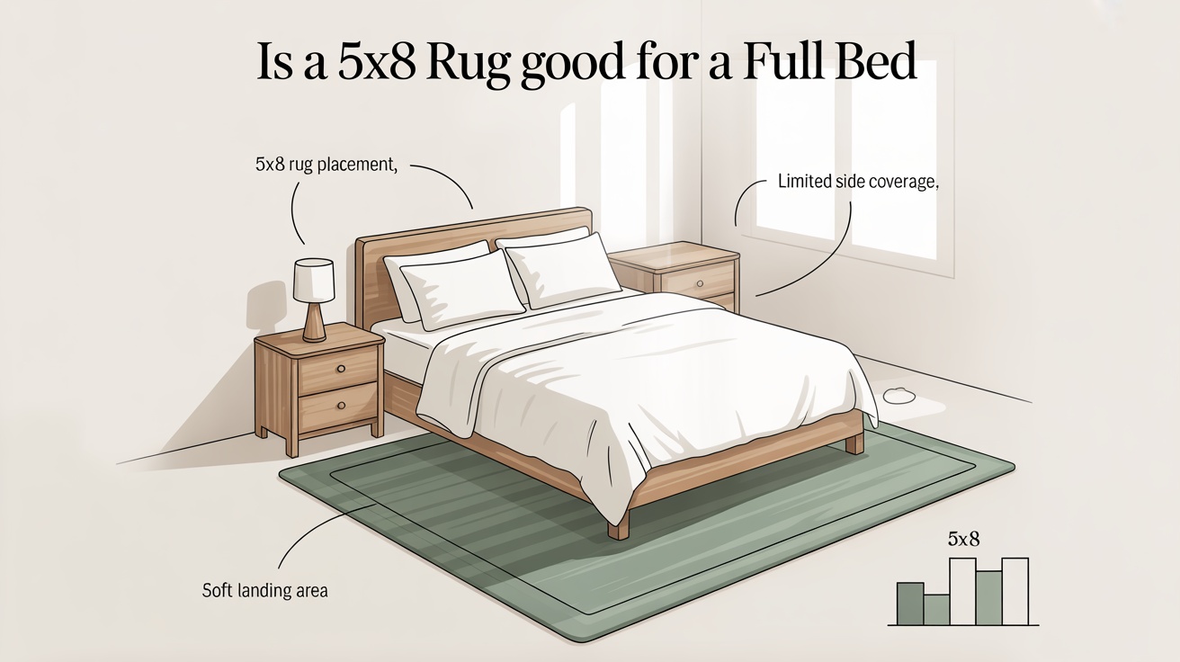 5x8 rug under lower part of a full-size bed with limited side coverage