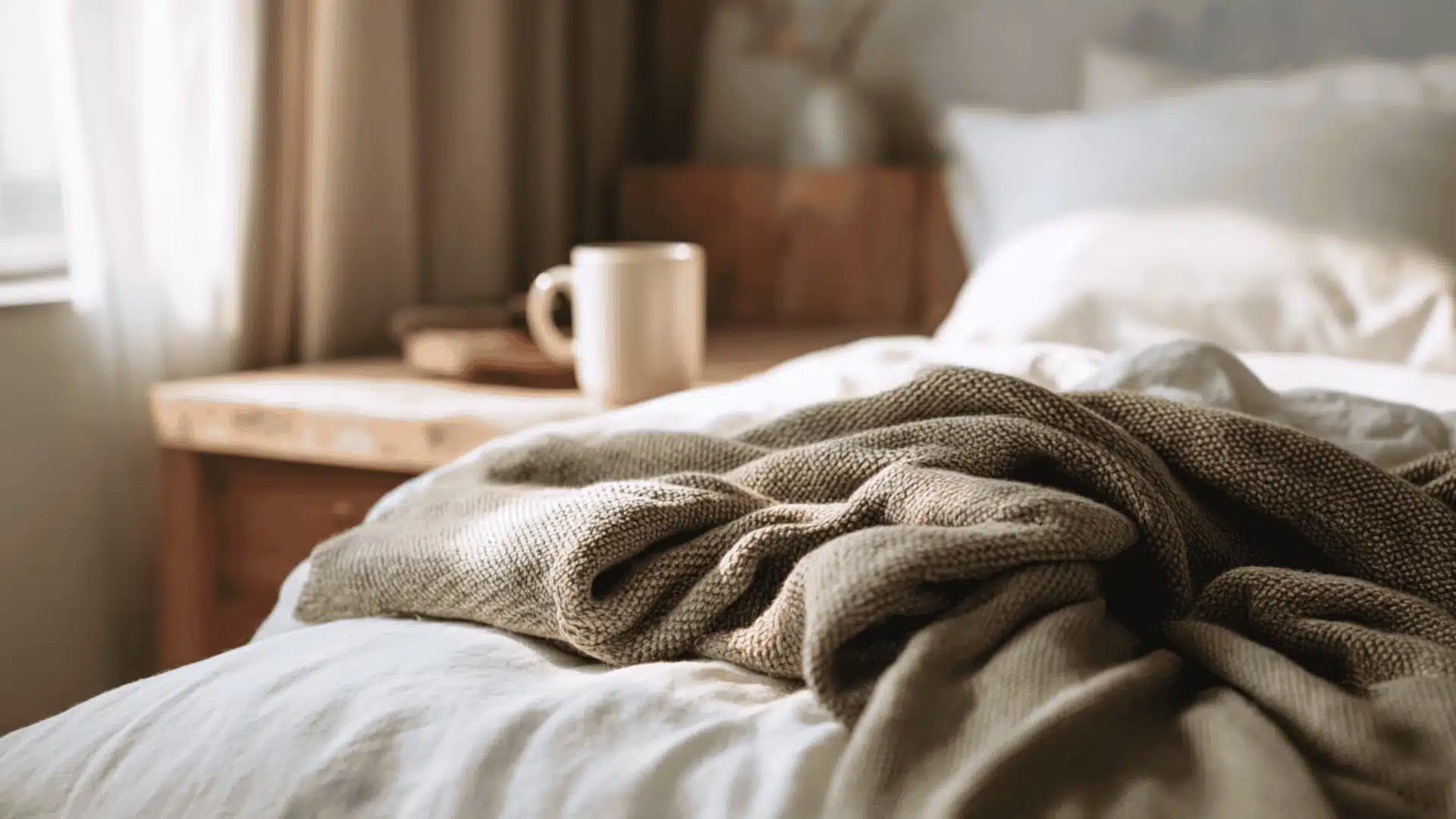 A cream 60x80 blanket draped across the foot of a white bed in a warm cozy bedroom