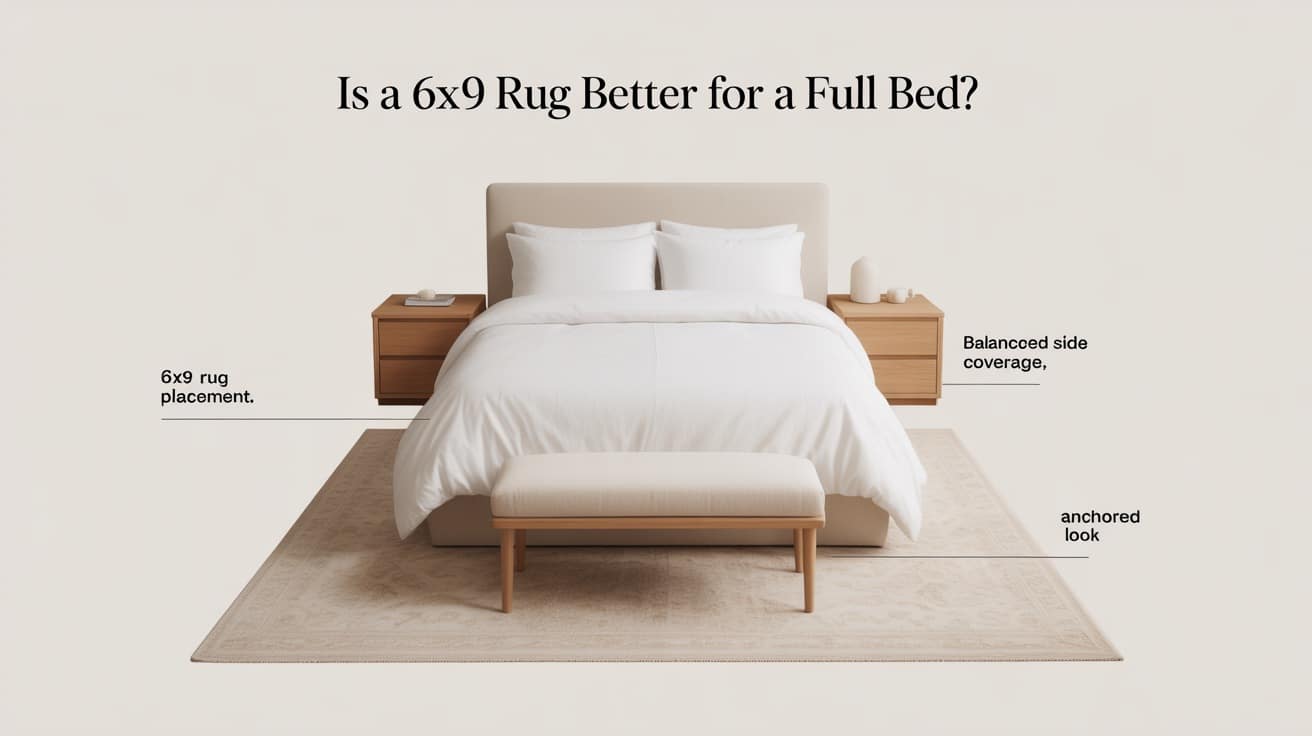6x9 rug under full bed with balanced side coverage