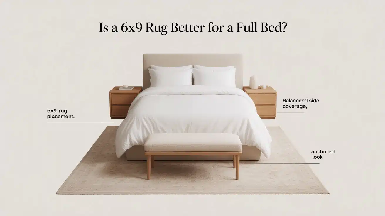 6x9 rug under full bed with balanced side coverage