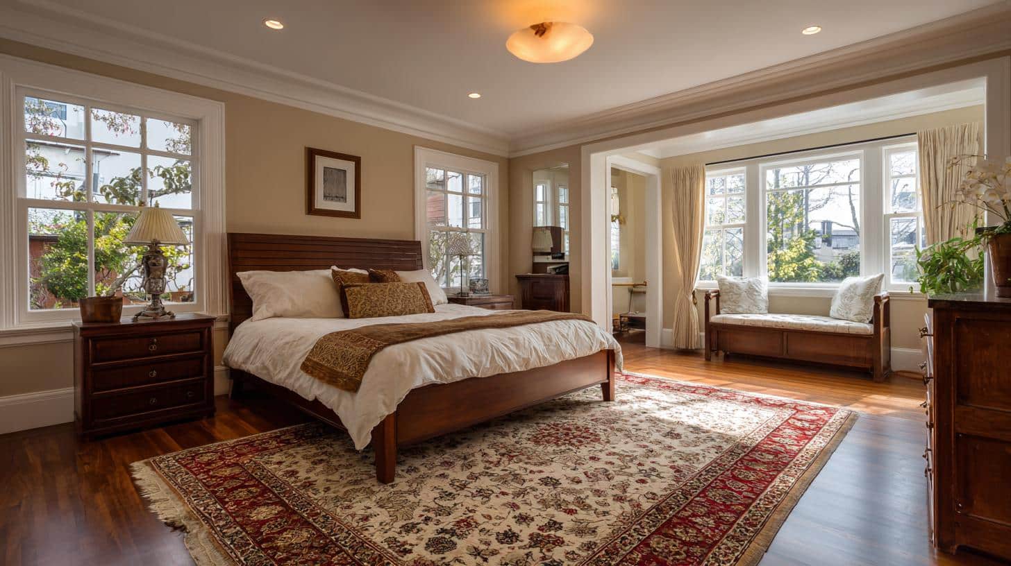 8x10 rug under full-size bed with full coverage and nightstands