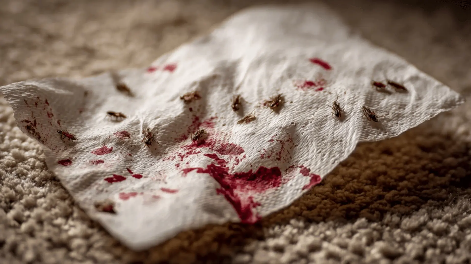 A crumpled white paper towel on a beige carpet, covered with small blood stains and multiple crushed insects scattered across its surface.