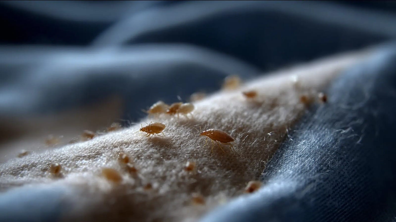 A close-up image of flea eggs on fabric, with several fleas visible_