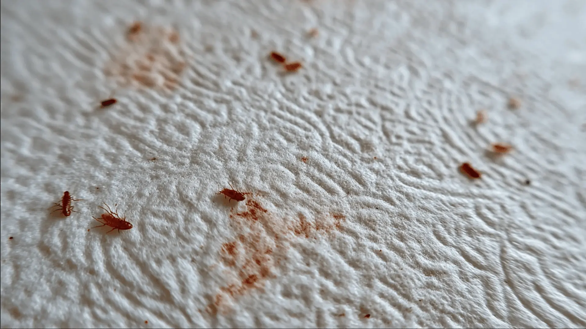 A close-up of a white textured paper towel with small black specks and faint reddish-brown stains, along with a few strands of hair.
