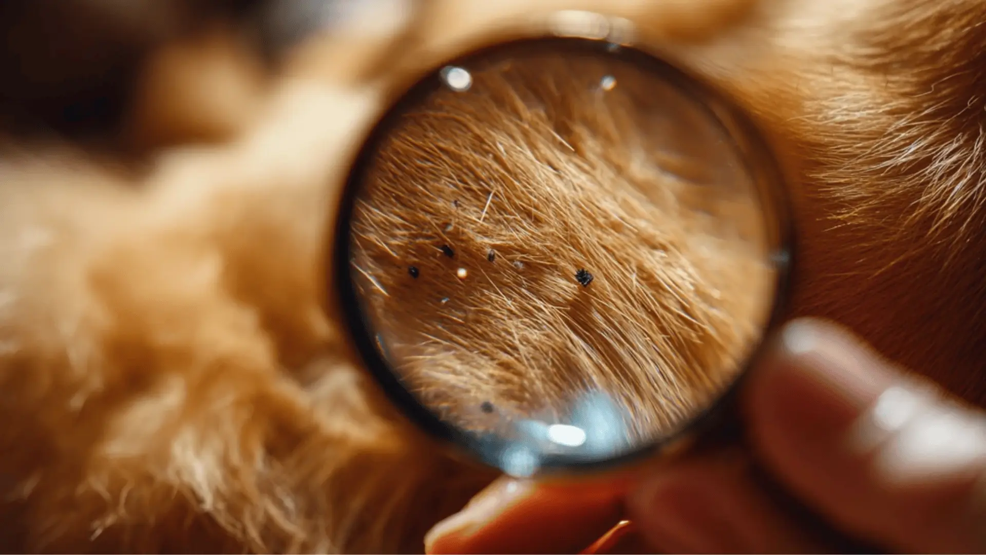 A magnifying glass enlarging light brown pet fur, showing small black specks while a hand holds the lens.