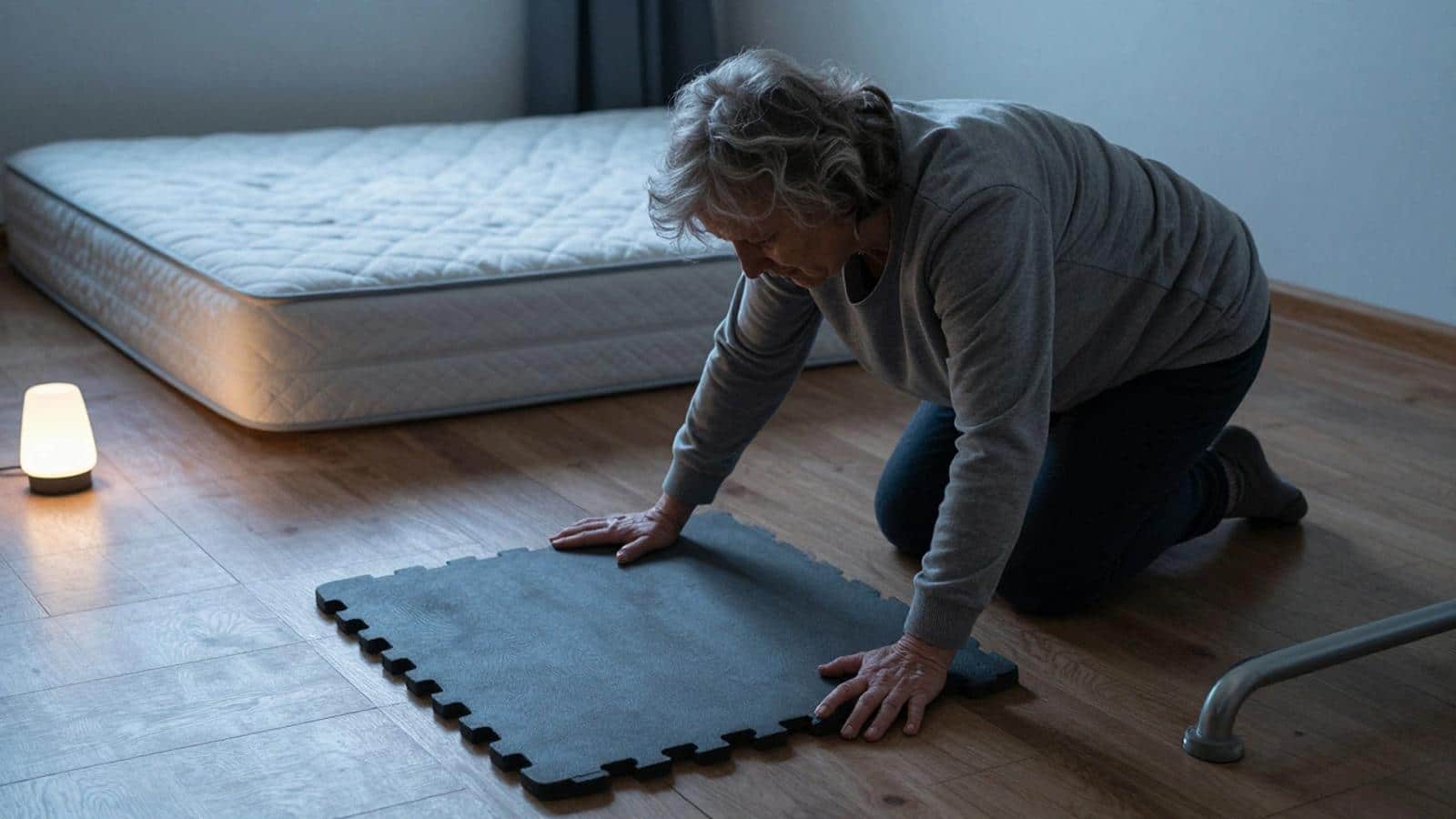 An older woman placing a mat on the floor in a bedroom, preparing a sleeping area beside a low mattress_