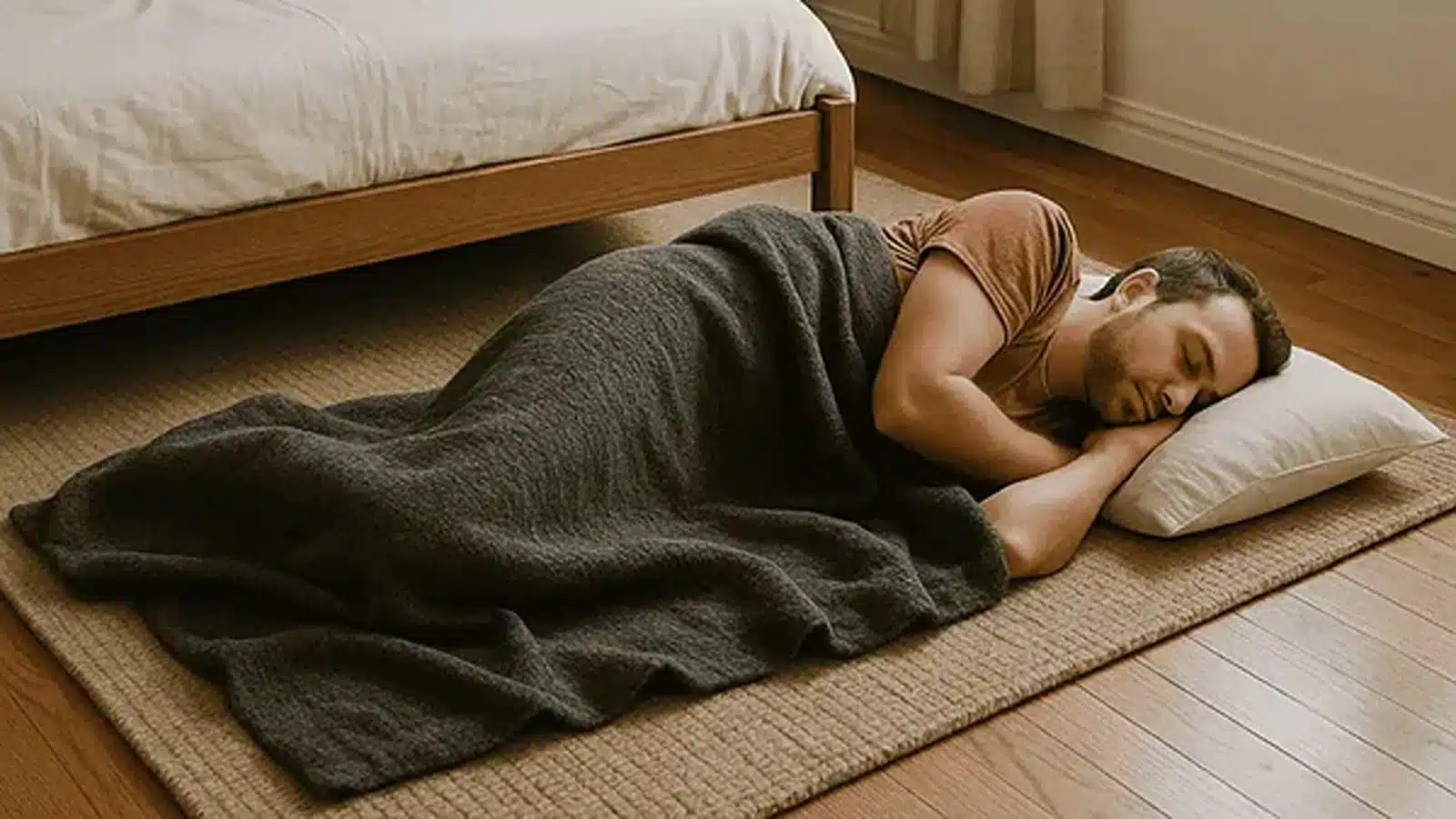 A person sleeping on a mat on the floor beside a bed, covered with a blanket in a simple, sunlit bedroom_