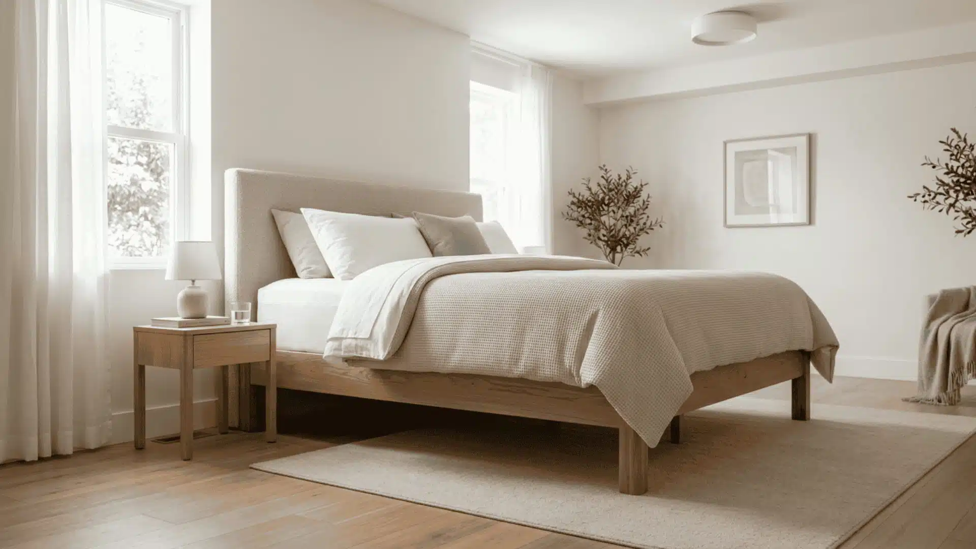 Bedroom showing bed height, mattress thickness, and frame design