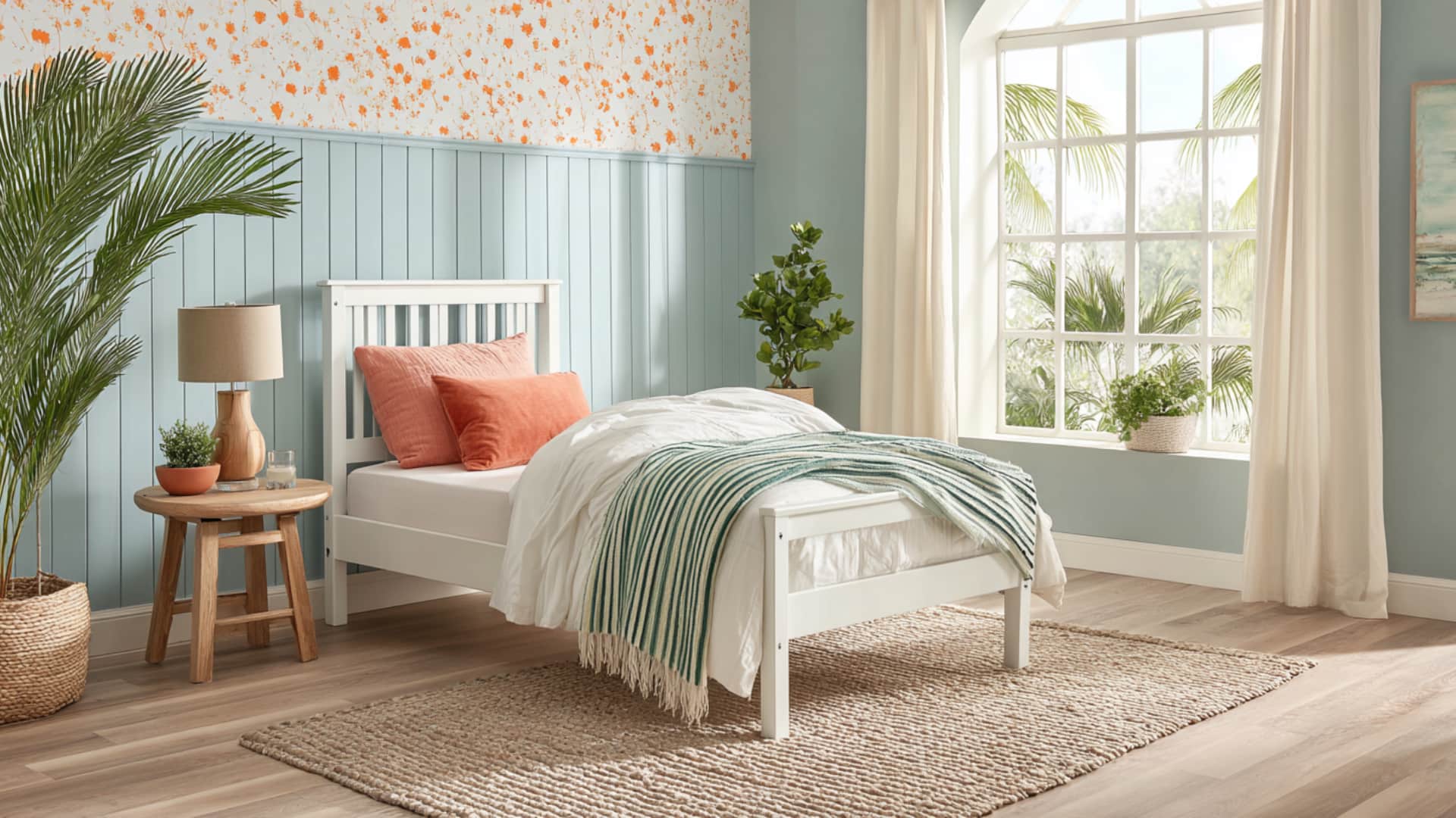 Bright bedroom with a white twin bed, coral pillows, woven rug, side table, and large arched window