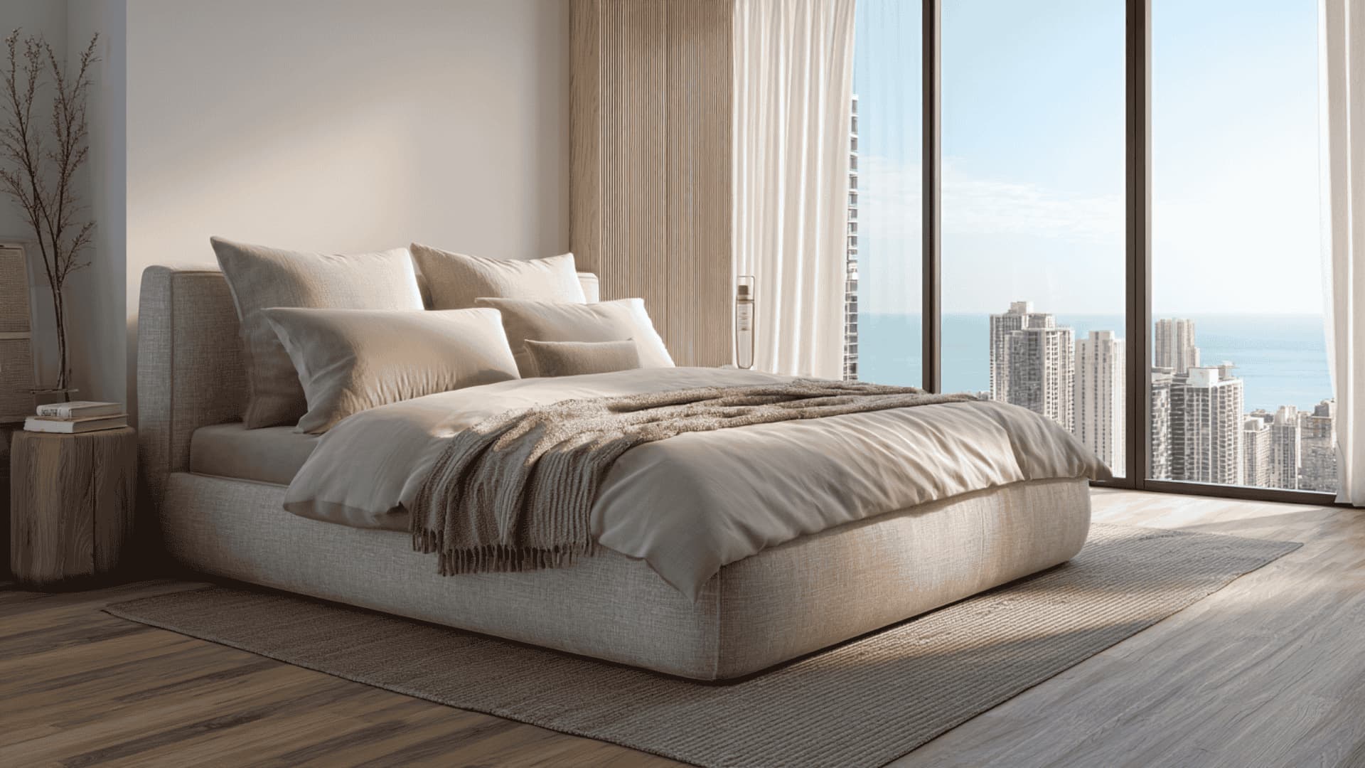 California king bed in modern bedroom with neutral decor and natural light