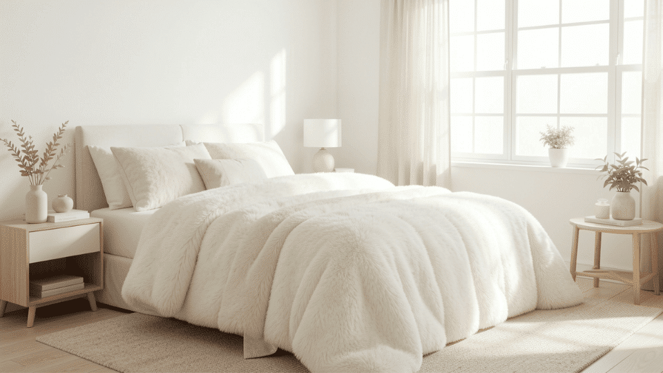 Clean bedroom with a neatly made bed and fluffy white comforter in natural light
