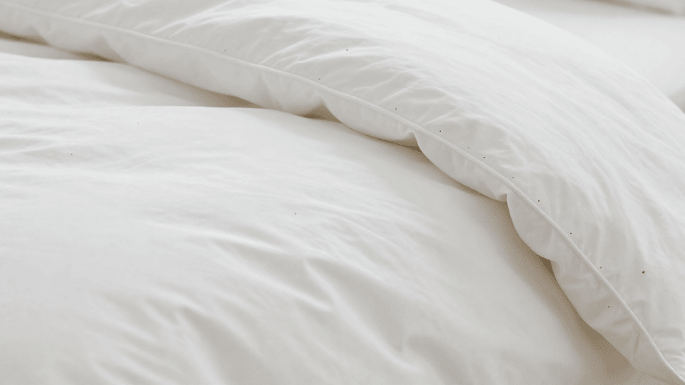 Close-up of dark spots along the seam of a white comforter showing common signs of bed bugs