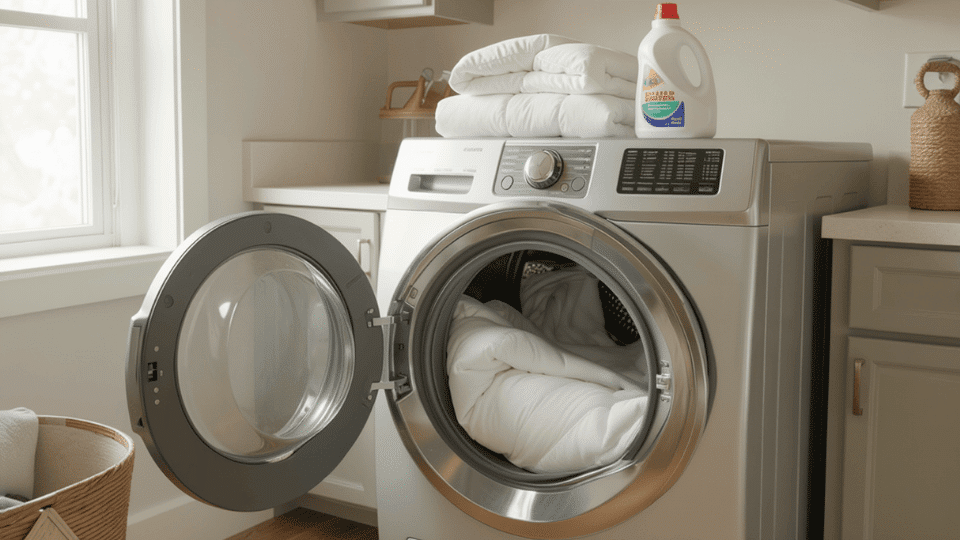 Comforter being placed in a washing machine with detergent in a clean laundry room