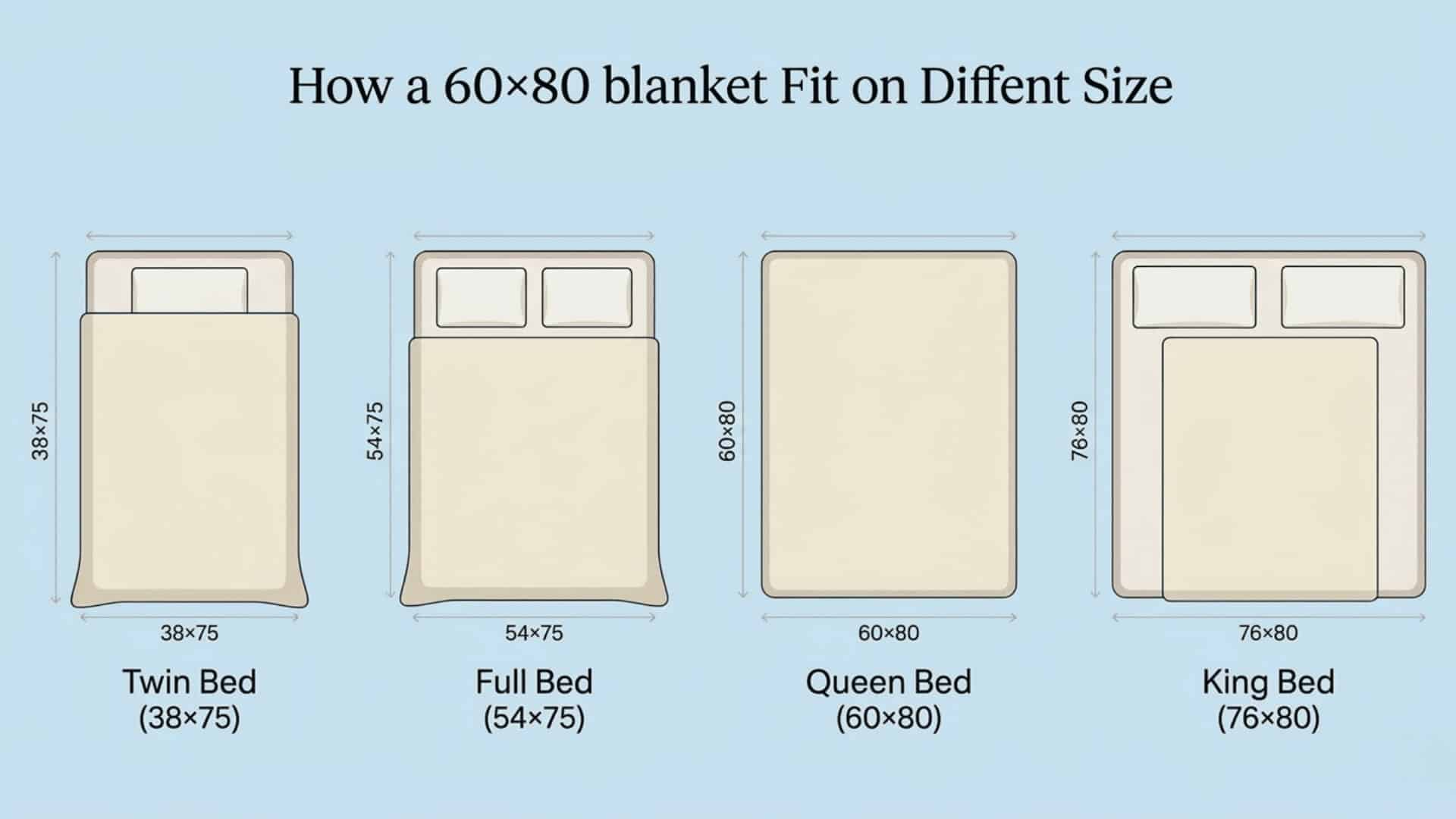 60×80 blanket size comparison on twin, full, queen, and king beds showing how the blanket fits each mattress size.