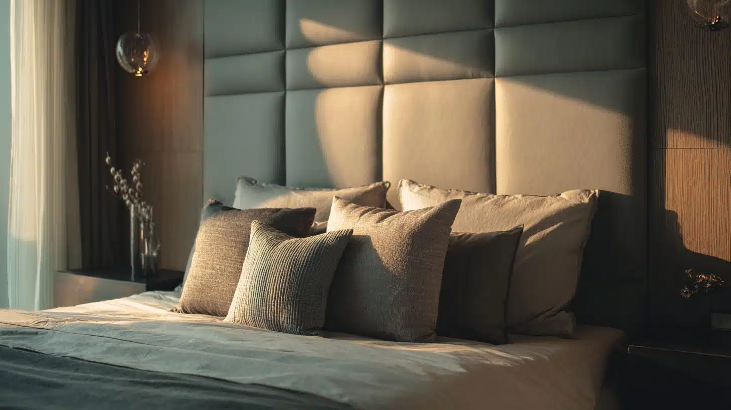 DIY upholstered headboard in modern bedroom
