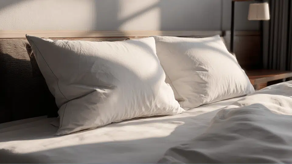 Full size bed with two standard pillows placed side by side showing proper fit and proportion