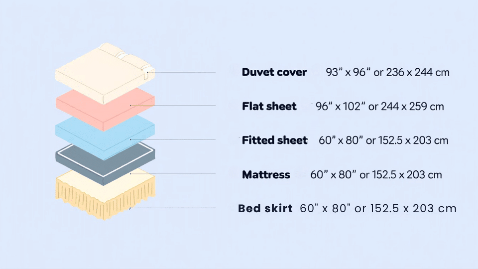 Illustration of queen size bedding layers showing duvet cover, flat sheet, fitted sheet, mattress, and bed skirt with dimensions in inches and centimeters (1)