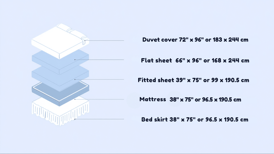 Illustration of twin size bedding layers showing duvet cover, flat sheet, fitted sheet, mattress, and bed skirt with dimensions in inches and centimeters