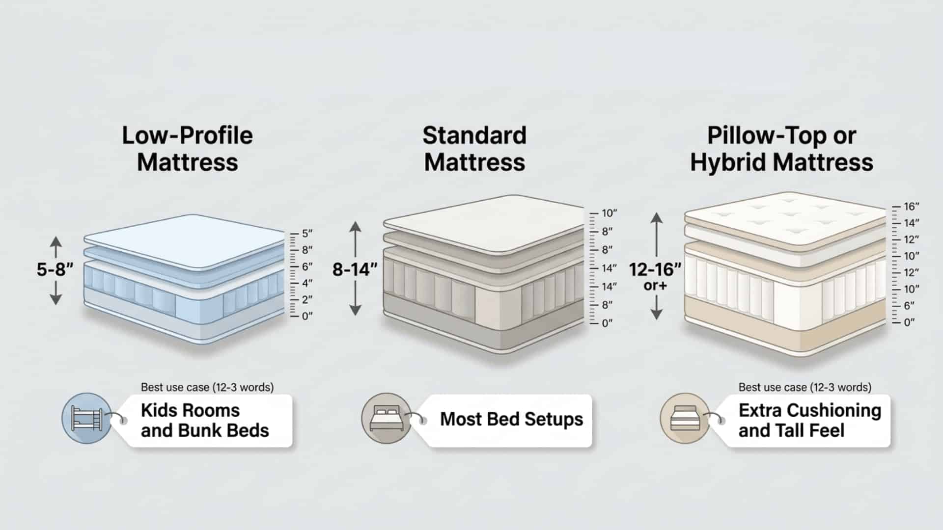 Infographic comparing low-profile, standard, and pillow-top mattress heights in inches