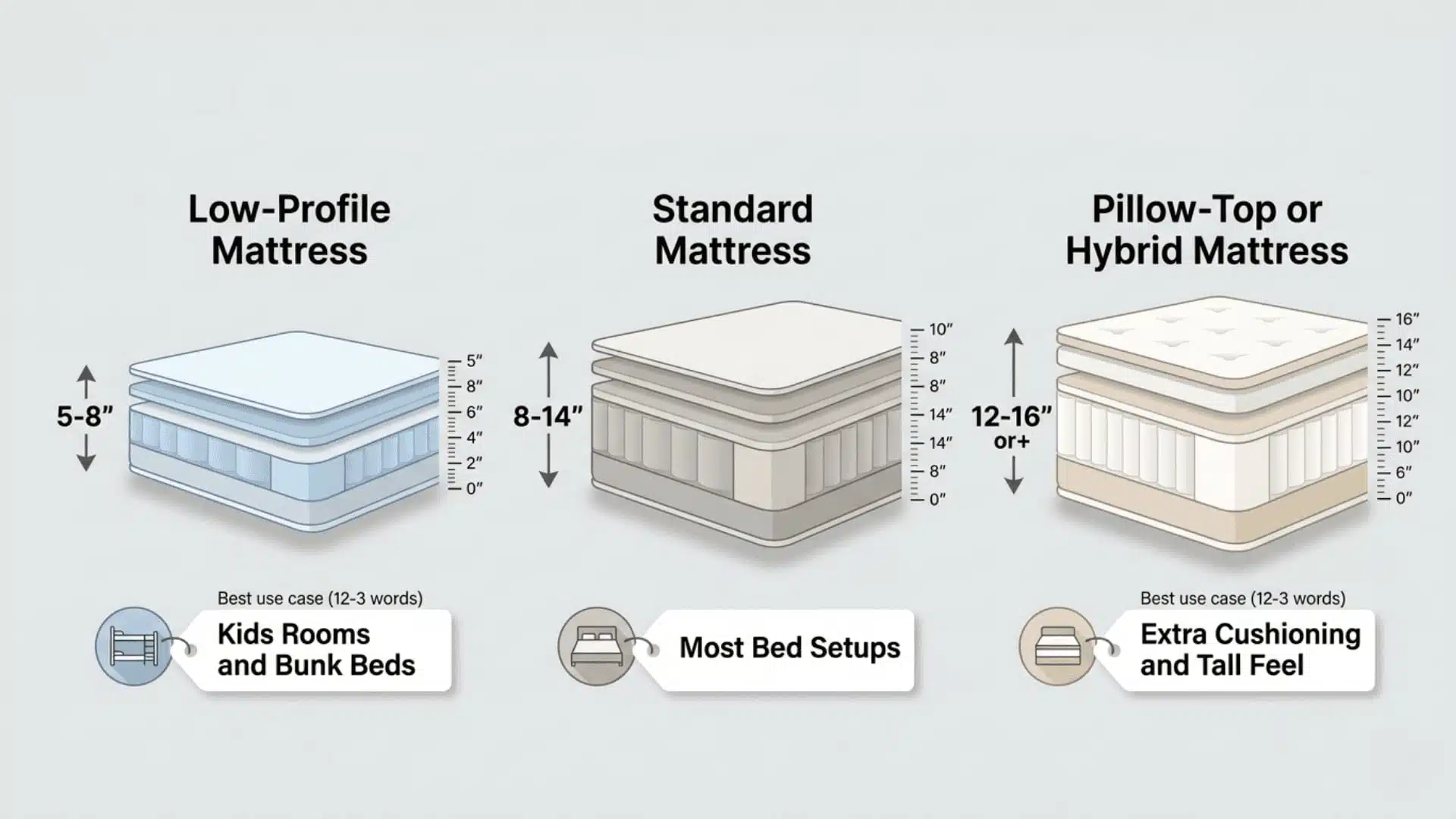 Infographic comparing low-profile, standard, and pillow-top mattress heights in inches