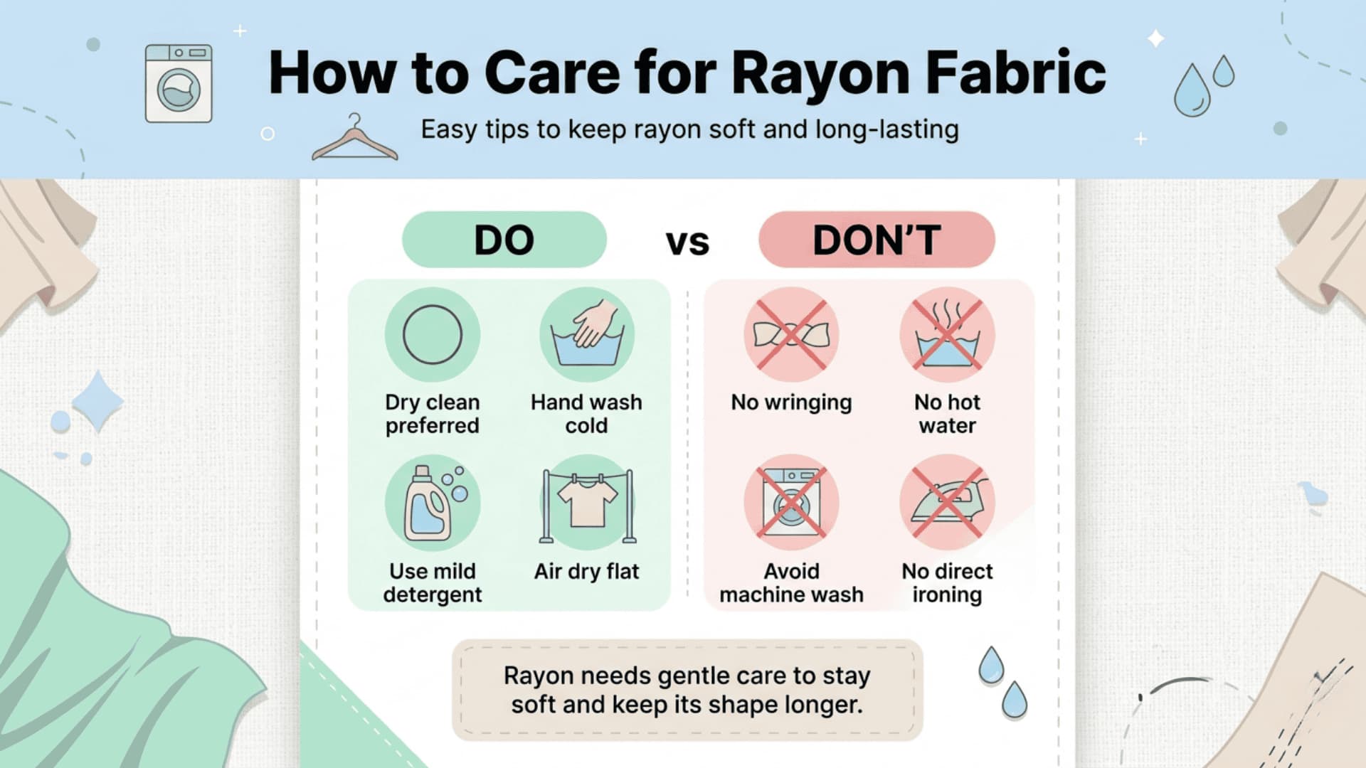 Infographic on caring for rayon fabric with do and don’t laundry tips