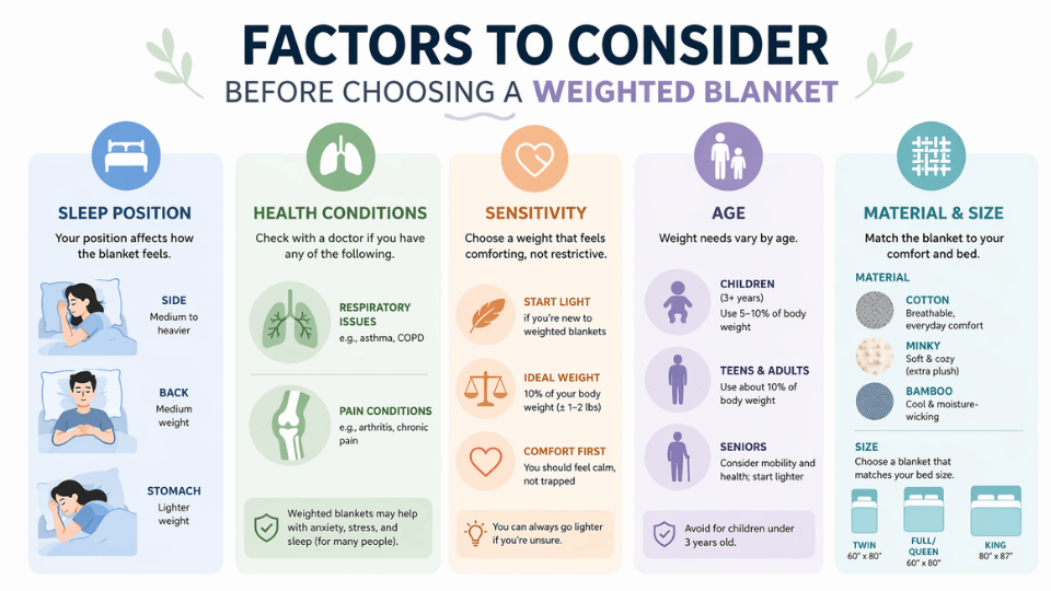 Infographic showing key factors for choosing a weighted blanket, including sleep position, health conditions, sensitivity, age, and materialsize with simple icons and pastel colors.