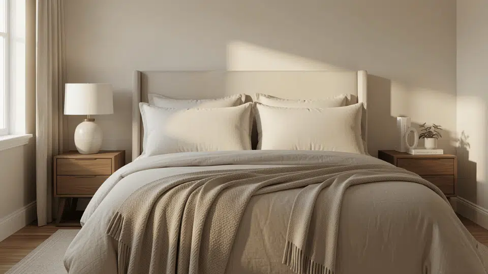 King size bed with king size pillows neatly arranged at the headboard